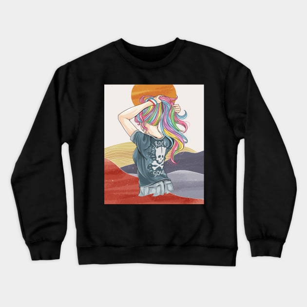 Drawn girl unicorn with rocker t-shirt artwork, abstract contemporary aesthetic background landscape Crewneck Sweatshirt by Modern Art